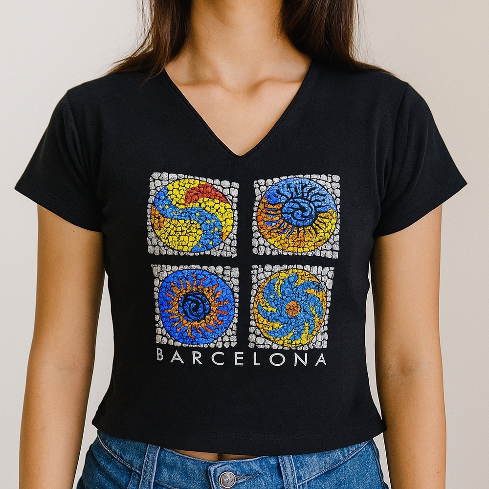 🍅Barcelona Vneck Shirt Sleeve 3D Graphic Tee Artsy Funky Top Size S/M